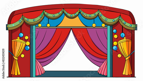 The velvet curtains drew back to unveil a grand stage adorned with intricate props and colorful lights ready for the upcoming theatrical performance.. Cartoon Vector.