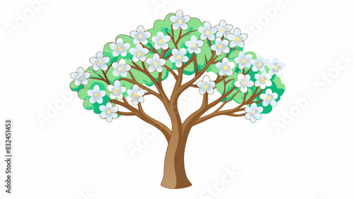The tree was adorned with delicate white blooms that fluttered in the breeze like snowflakes. They were small and dainty yet full of intricate details. Cartoon Vector.