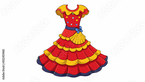 The traditional Flamenco dress characterized by its bold ruffles and vibrant patterns is a symbol of Spanish culture and can be seen in dance. Cartoon Vector.