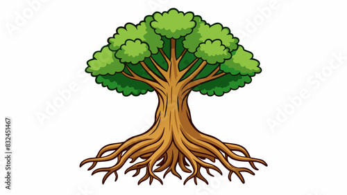 The trunk of a strong oak tree with deep roots grounded firmly in the earth representing Gods unshakeable and everlasting strength and stability.. Cartoon Vector.