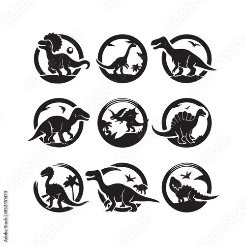 Black dinasour silhouette set white Background