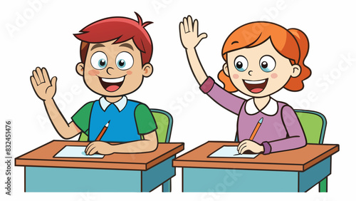 The two students in the class were equally studious taking diligent notes and raising their hands to participate in discussions.. Cartoon Vector.
