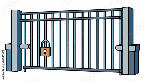 This gate is simply a tall metal barrier with a plain and industrial appearance. It has horizontal metal bars spaced evenly apart and a large padlock. Cartoon Vector.