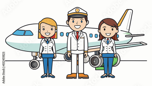 Two pilots and a flight attendant stand in front of a commercial airplane conducting a preflight check. The pilots exchange knowing glances and. Cartoon Vector.