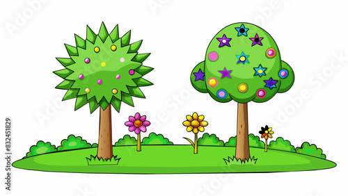 Two trees in a yard one is tall and skinny with sp spiky leaves while the other is short and rounded with lush full branches and colorful flowers.. Cartoon Vector.