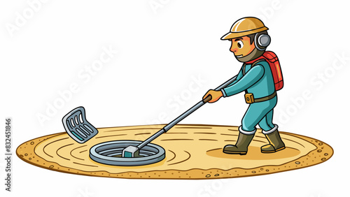 Using a metal detector on a beach to search for buried treasure. Characteristics handheld device circular coil beeping sound ability to detect metal. Cartoon Vector.
