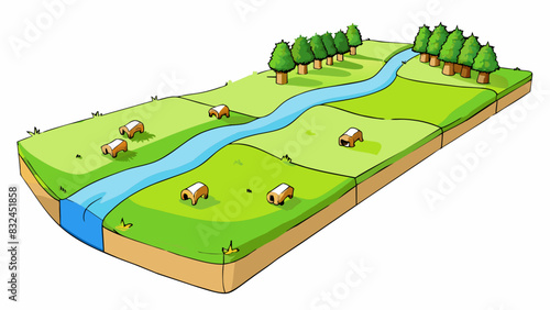 vast open field dotted with grazing cows bales of golden hay and babbling streams that wind through the landscape.. Cartoon Vector.