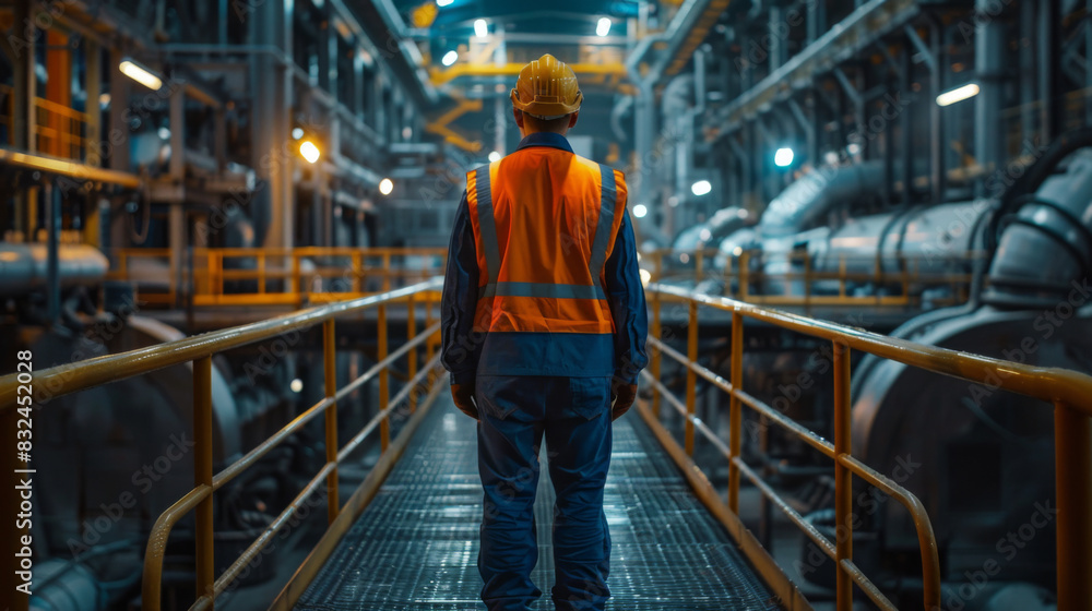 A worker in a high-visibility vest and hard hat stands on a walkway in an industrial facility, surrounded by machinery. A worker in a high-visibility vest and hard hat stands on a walkway in an industrial facility, surrounded by machinery.