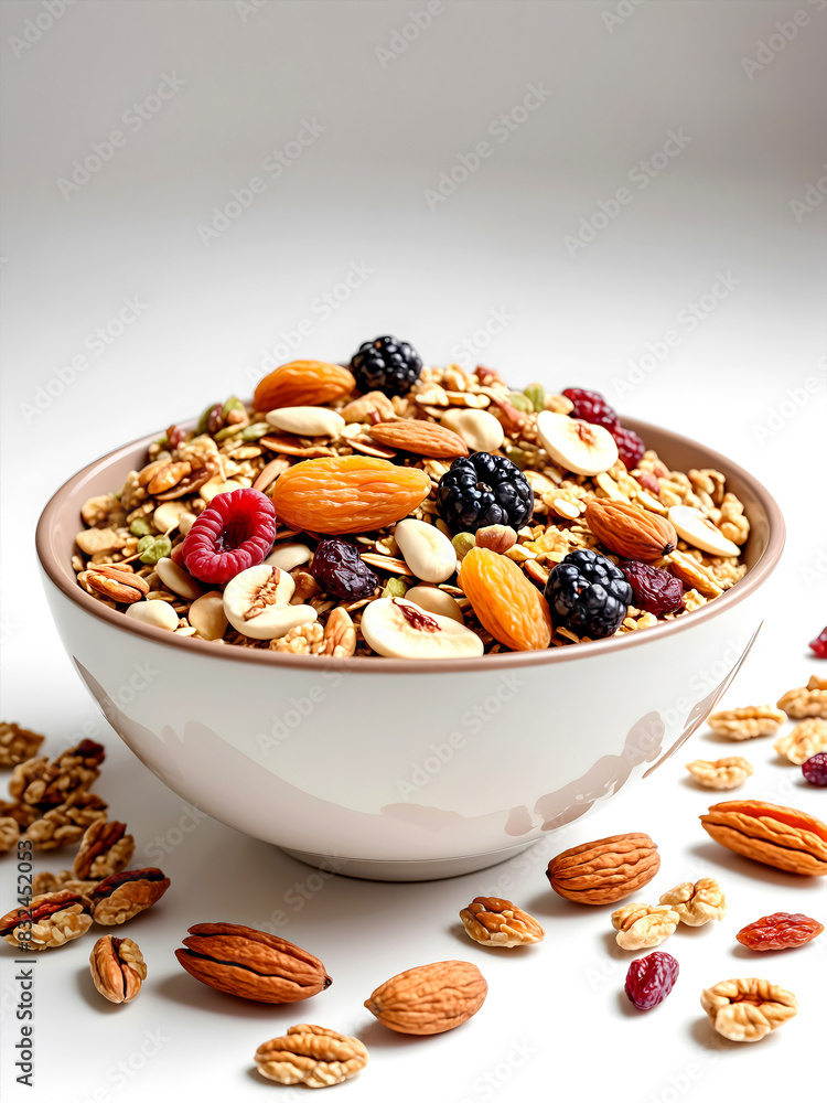 muesli with granola, dried fruits and nuts, wallpaper design, white background muesli with granola, dried fruits and nuts, wallpaper design, white background