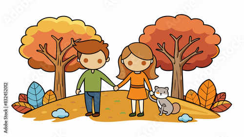 While the couple walked hand in hand through the peaceful forest admiring the colorful autumn leaves a squirrel scurried up a nearby tree searching. Cartoon Vector. photo