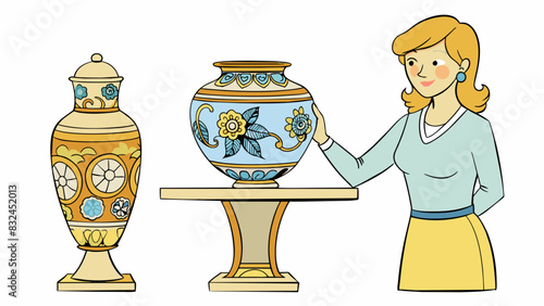 While browsing the antique store she stumbled upon an exquisite vase that she just had to acquire. Its delicate handpainted floral design and. Cartoon Vector.