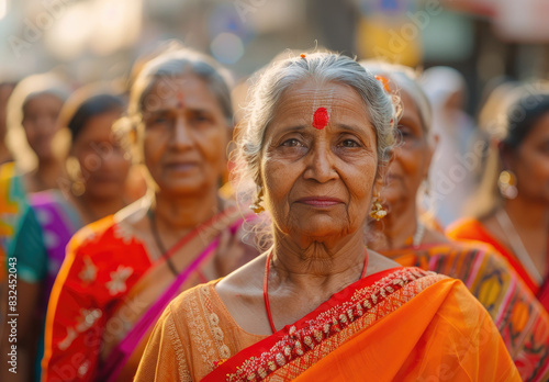 A group of Indian women in their late thirties and early forties stand side by side on the street. They all wear sarees with vibrant colors. © Kien