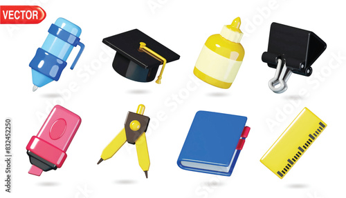 Set of realistic 3d School and Education icons Ball Pen, Graduation Cap, Glue Bottle, Paper Clip, Hoghlighter Marker, Notebook and Ruler. Back to school concept. 3d Education Vector illustration