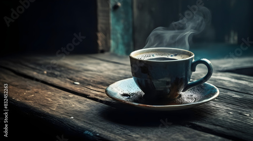 Steaming cup of coffee on wooden table