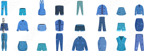 Ripped denim clothes icons set vector. A collection of blue clothing items, including shorts, pants, and jackets. The clothing items are arranged in a grid, with each item occupying a different space