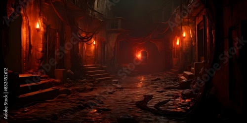 Mysterious Atmosphere of an Eerie Redlit Alley in an Ancient Town. Concept Mysterious  Eerie  Redlit Alley  Ancient Town  Atmosphere