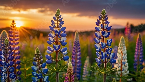 Field Of Colorful lupin Flowers at sunset. photo