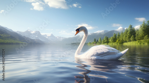 A swan is swimming in a lake with mountains in the background. The scene is peaceful and serene, with the water reflecting the beauty of the landscape.