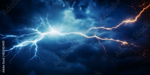 Electric Sparks on a Dark Blue Background Resembling a Lightning Bolt. Concept Electric Sparks, Dark Blue Background, Lightning Bolt Resemblance photo