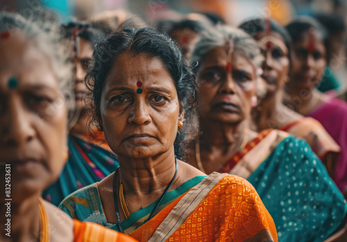 A group of Indian women in their late thirties and early forties stand side by side on the street. They all wear sarees with vibrant colors. photo