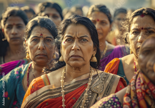 A group of Indian women in their late thirties and early forties stand side by side on the street. They all wear sarees with vibrant colors. © Kien