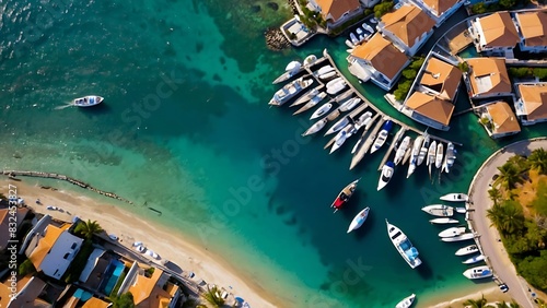 Aerial view of a costal community with many homes and a marina with docked boats. photo