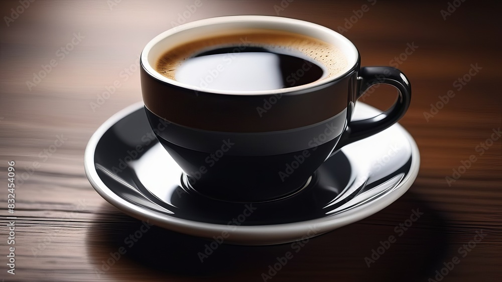 A sleek black cup and saucer filled with steaming hot coffee, set against a wooden background. The simplicity and elegance of the presentation are striking A sleek black cup and saucer filled with steaming hot coffee, set against a wooden background. The simplicity and elegance of the presentation are striking