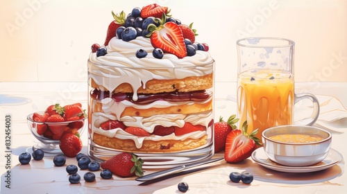 Fototapeta Naklejka Na Ścianę i Meble -  cake with berries: blueberries and strawberries and cream; plate with homemade pancakes decorated with whipped cream