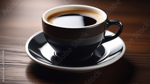 A sleek black cup and saucer filled with steaming hot coffee, set against a wooden background. The simplicity and elegance of the presentation are striking