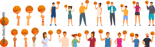 Spinning ball finger icons set vector. A group of people holding basketballs in various poses. Concept of fun and camaraderie, as the people are all gathered together to play basketball