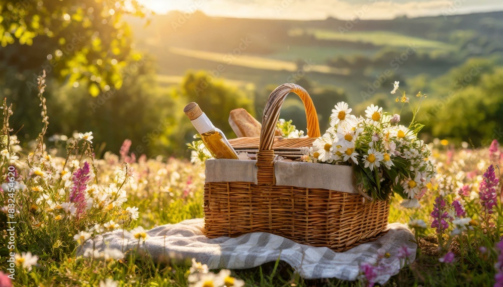 basket with flowers.wooden picnic basket in a meadow, with blooming flowers and a sunlit summer landscape creating a serene atmosphere basket with flowers.wooden picnic basket in a meadow, with blooming flowers and a sunlit summer landscape creating a serene atmosphere