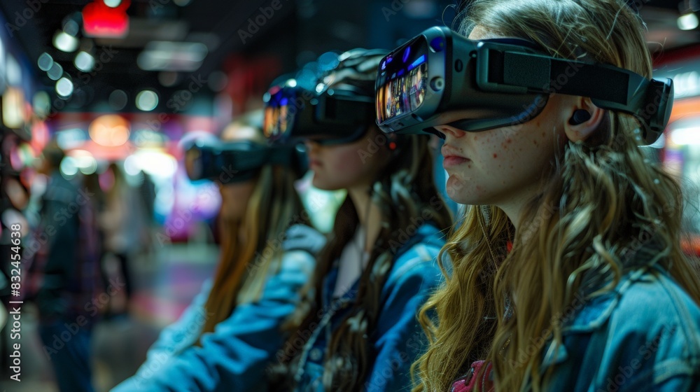 Virtual Reality Gaming: Depict a group of friends the excitement and innovation of VR technology in entertainment. Virtual Reality Gaming: Depict a group of friends the excitement and innovation of VR technology in entertainment.