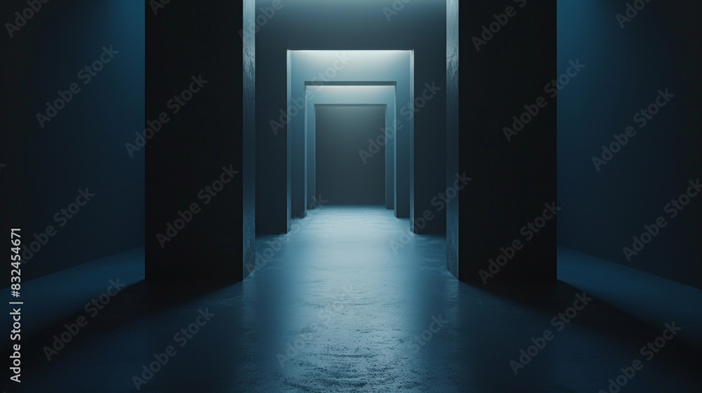 A long hallway with a light shining down on it A long hallway with a light shining down on it