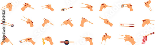 Hands holding chopsticks icons set vector. A collection of cartoonish drawings of chopsticks and other Asian utensils. The drawings are all different, but they all have a similar theme of Asian