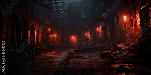 An ancient town's eerie redlit alley evokes a spooky mysterious atmosphere. Concept Mysterious, Eerie, Ancient Town, Redlit Alley, Spooky Atmosphere