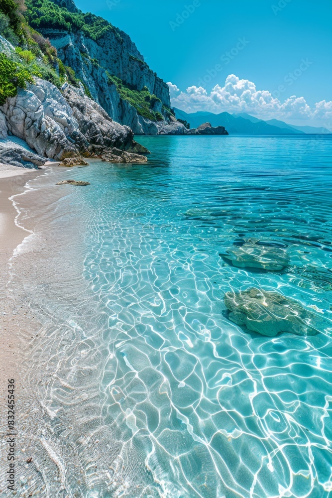 Fototapeta premium A stunning beach with crystal clear turquoise waters, rocky cliffs, and pristine sandy shores under a bright blue sky.