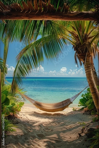 A serene tropical beach scene featuring a hammock strung between palm trees  overlooking clear blue ocean waters and sandy shore.