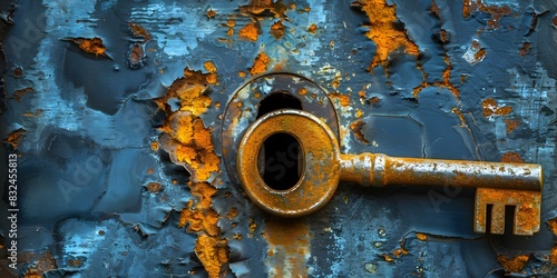 The Symbolism of a Rusted Key in a Corroded Lock: Signifying the Inability to Unlock Solutions to Problems. Concept Symbolism, Rusted Key, Corroded Lock, Inability, Solutions, Problems photo