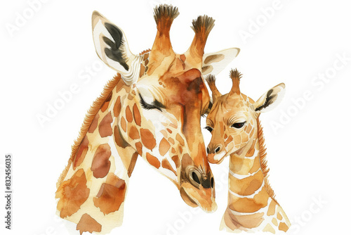 Mother giraffe and baby cuddling, safari animal watercolor illustration