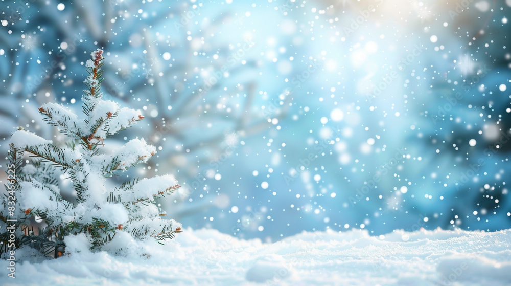 Christmas background with fir branches and snow, severe frost, close-up