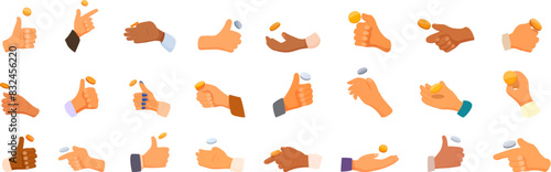 Hand flips coin icons set vector. A collection of cartoon hands holding coins and giving thumbs up. The hands are of different colors and sizes, and they are all holding coins