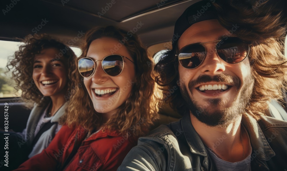 Friends taking a selfie inside a car during a road trip selective focus, travel fun, ethereal, overlay, countryside backdrop Friends taking a selfie inside a car during a road trip selective focus, travel fun, ethereal, overlay, countryside backdrop