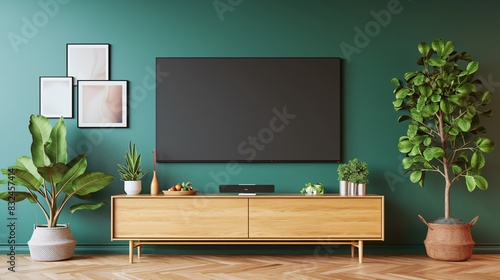 A living room with green walls, white frame mockups on the wall, wooden floors and plants. A large TV is mounted to one of the walls. The space has an elegant feel, and there is no furniture in it