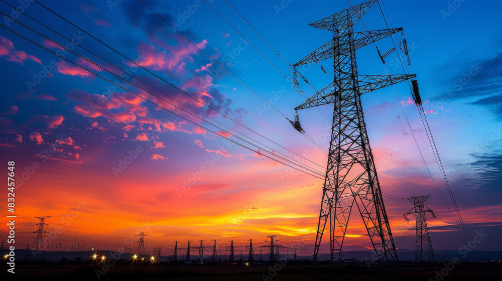Fototapeta premium Electric pylons silhouetted against a vibrant sunset, highlighting the beauty of infrastructure amidst a colorful sky.