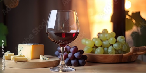 Cheese cubes, grapes and a glass of wine