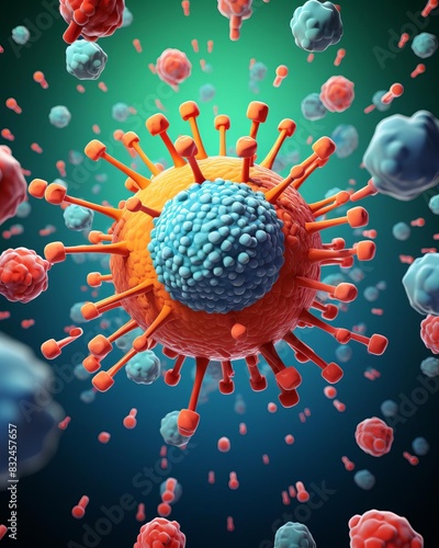 Front view of a 3D model showing a drug attacking a cancer cell