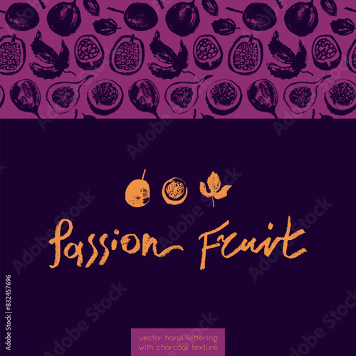 Pattern passion fruit seamless. Hand drawn granadilla illustrations. Exotic fruits ornament. Granadilla background for cosmetics, fruits puree or juice label. Vector fabric tropical fruit banner.