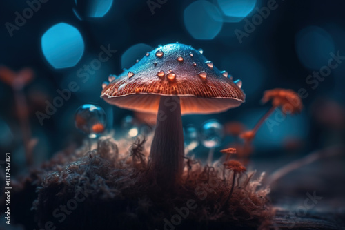 Neon illustration of magic mushrooms close-up with drops of water
