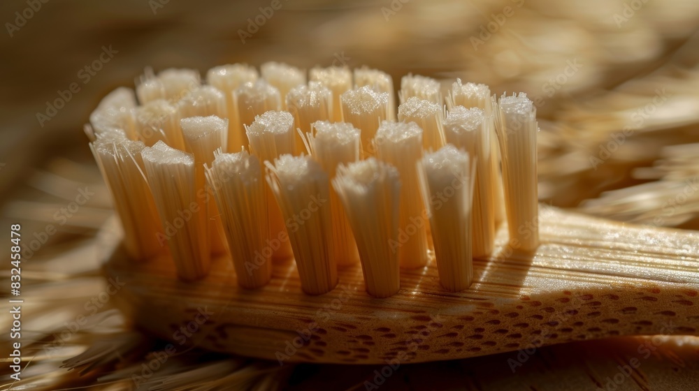 A macro shot of the bristles of a bamboo toothbrush highlighting their soft and gentle texture. A macro shot of the bristles of a bamboo toothbrush highlighting their soft and gentle texture.