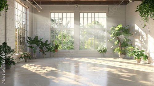 A white empty room with high ceilings and large windows, an industrial style interior, green plants in vases on the floor, minimal furniture, sunlight coming through the window, white walls, wooden